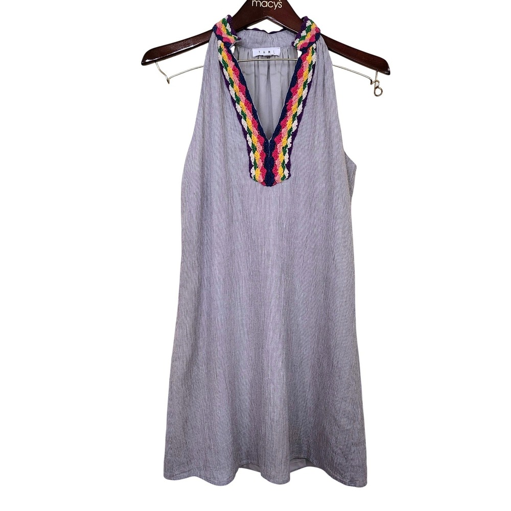 THML Mini Dress Womens XS Gray‎ Striped Crochet V-Neck Sleeveless Boho Halter
